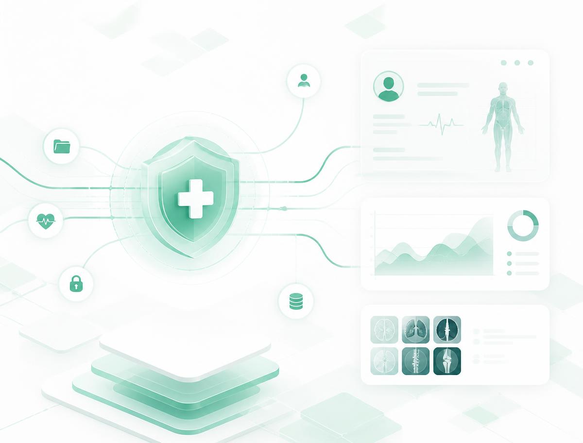 Mint-green healthcare data visualization with secure patient records