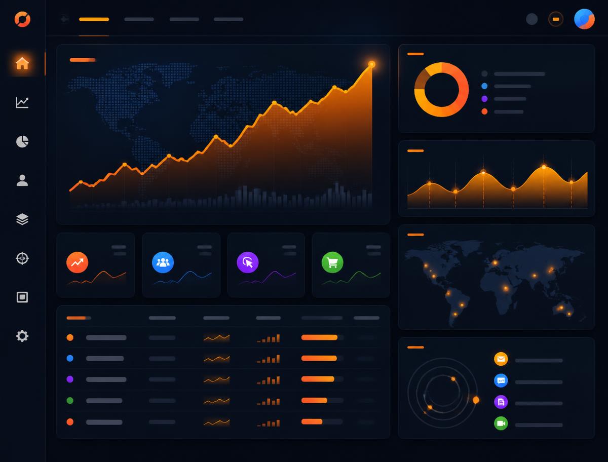 Dark digital marketing analytics dashboard with orange growth charts