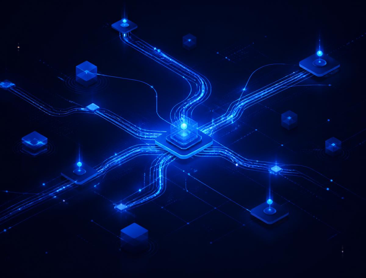Abstract blue network showing connected payment infrastructure nodes